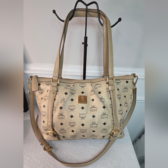MCM Visetos beige canvas leather 2 Way Bag